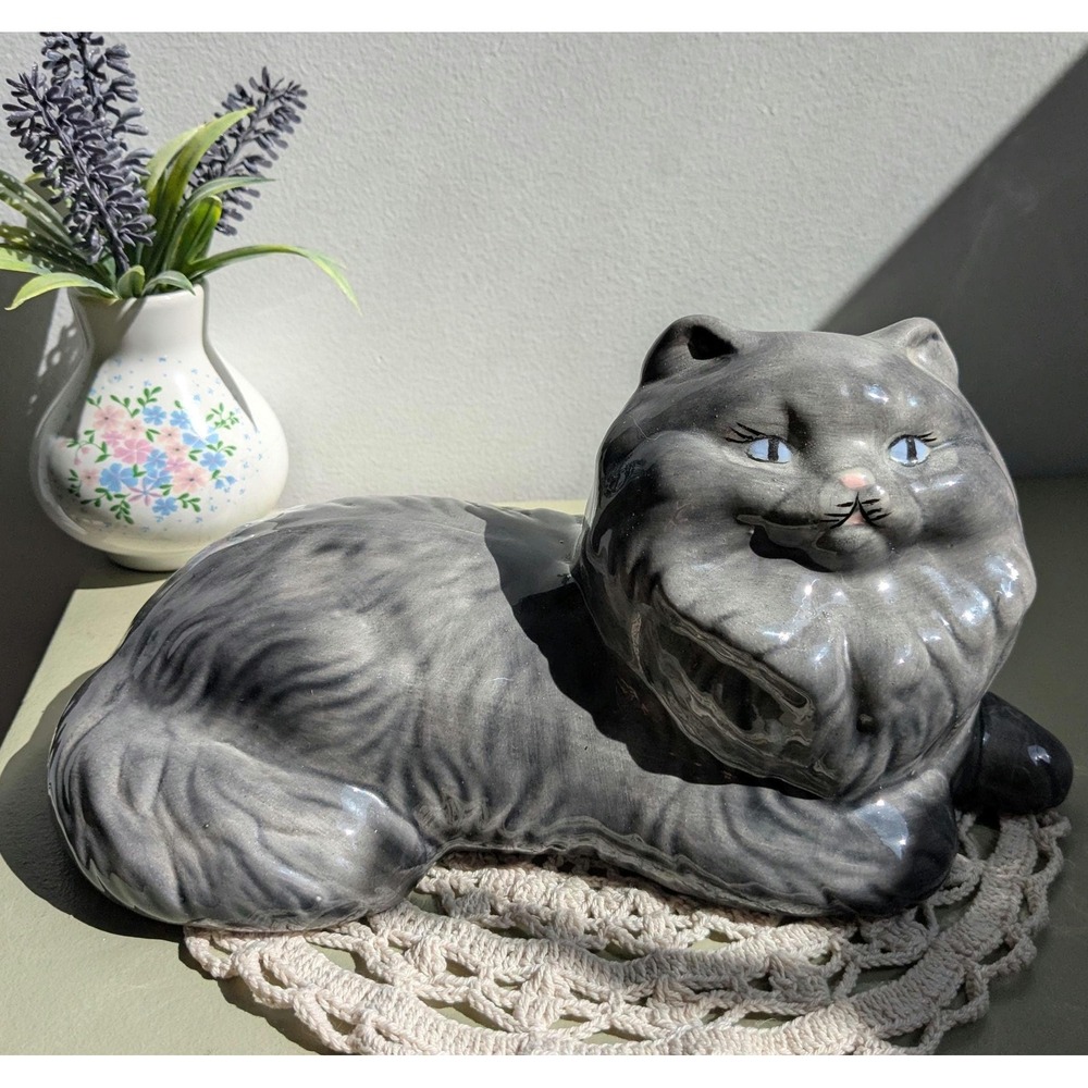 Vintage Gray Persian Cat Ceramic Figurine Large Glossy Home Decor 10"
